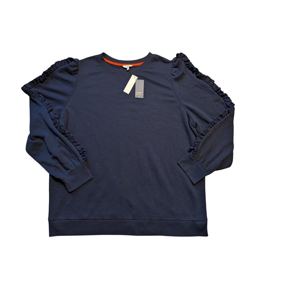 Crown & Ivy Women's Pullover Sweatshirt Size 2X Navy Ruffle Long Sleeve Crewneck